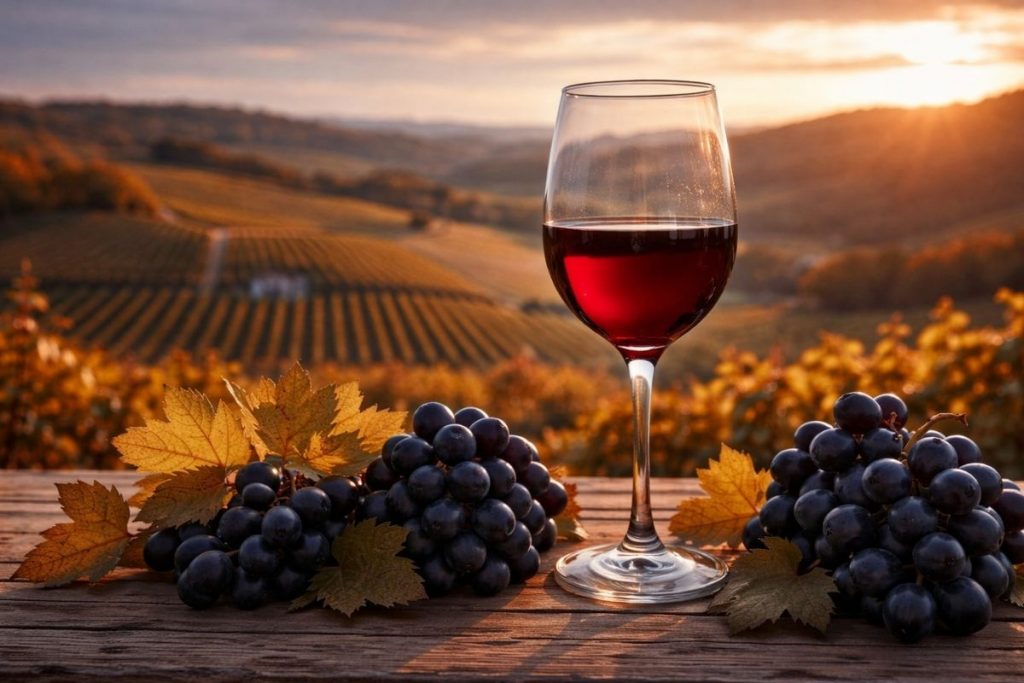 Verre de vin Cannonau et vignobles sardes en automne