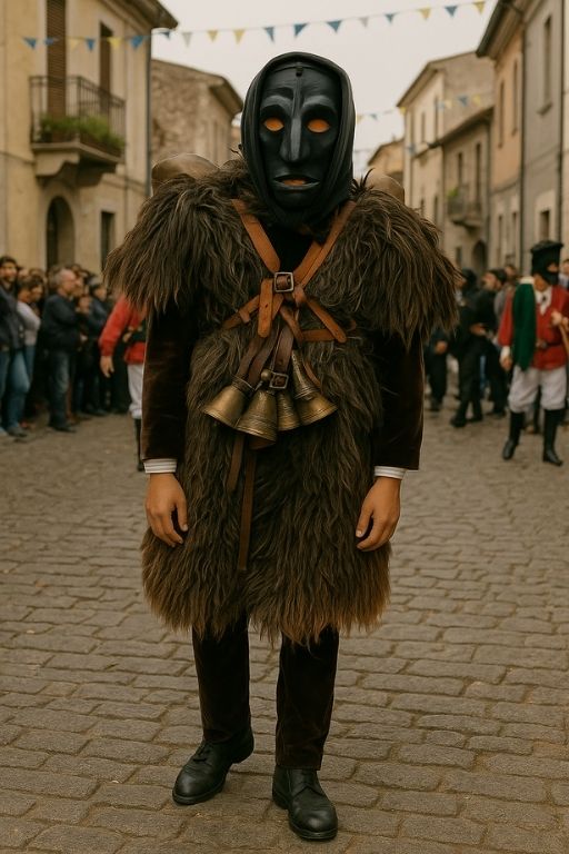 Mamuthone en costume traditionnel à Mamoiada, masque noir et cloches lors du carnaval sarde.