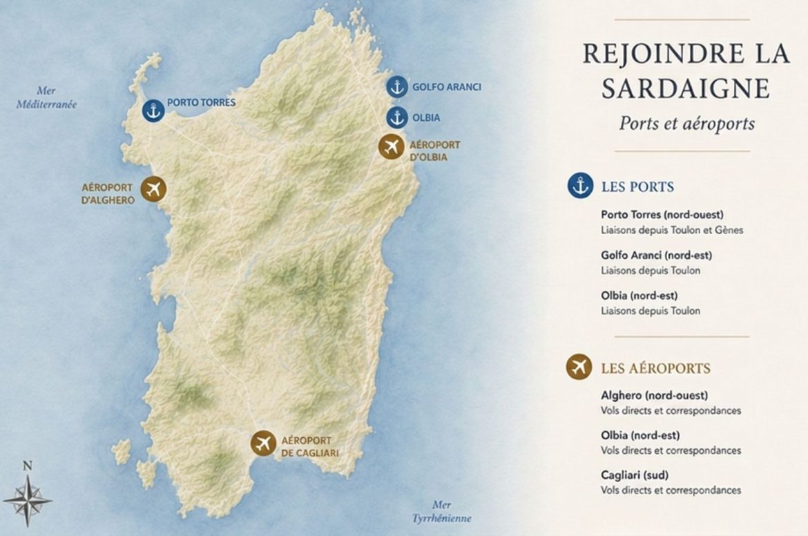 Carte des principaux ports et aéroports pour aller en Sardaigne depuis la France