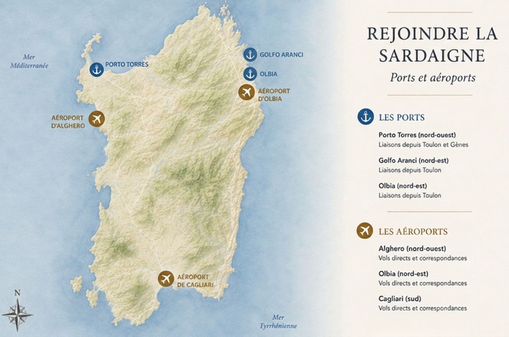 Carte des principaux ports et aéroports pour aller en Sardaigne depuis la France